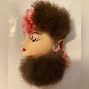 GENUINE FUR LADY PIN - Handmade Art- Pink Hair - NWOT - HandPainted Face - OOAK